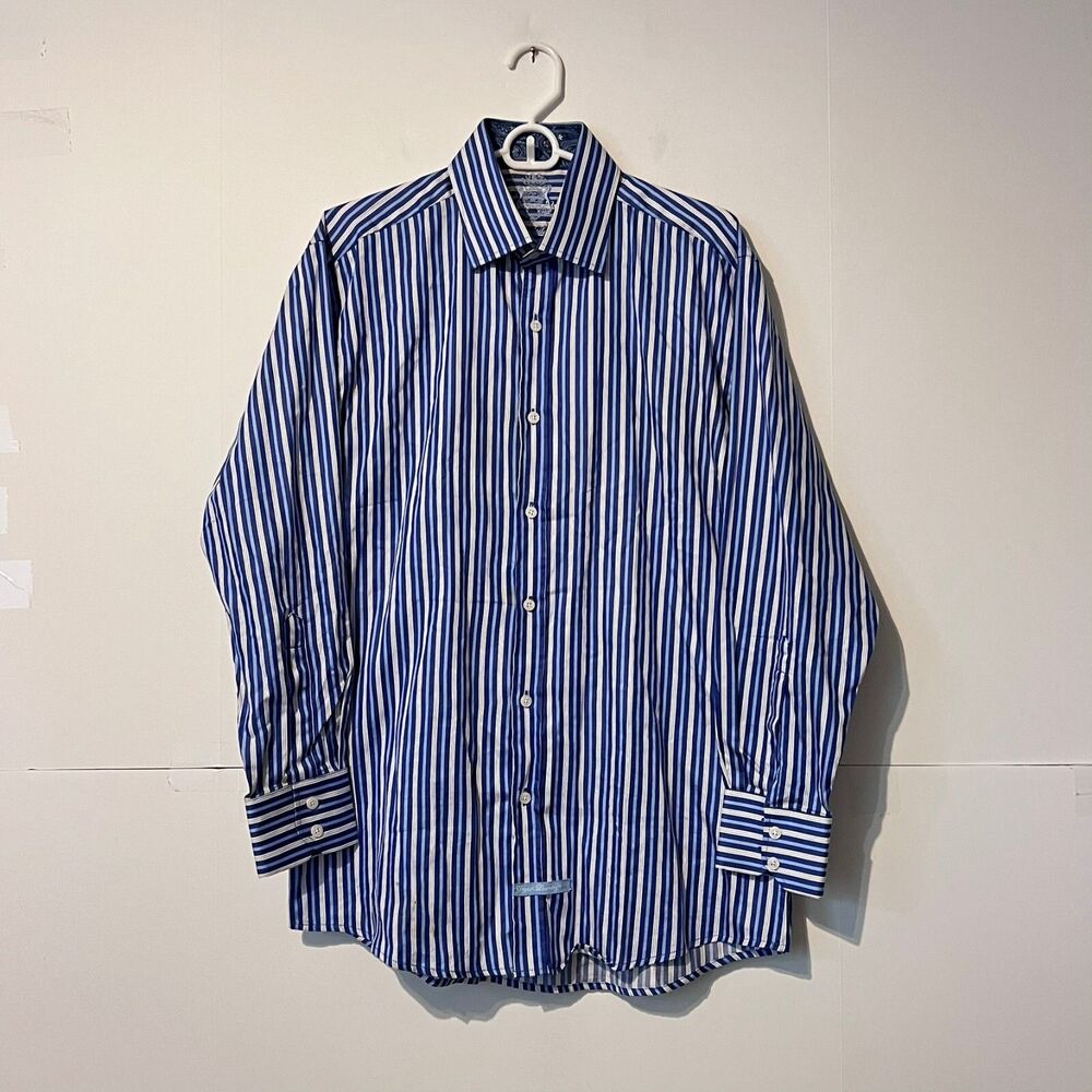 English Laundry Mens Shirt Size 16 32/33 Blue Striped Paisley Embroidered Logo